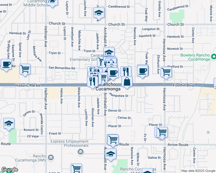 map of restaurants, bars, coffee shops, grocery stores, and more near in Rancho Cucamonga