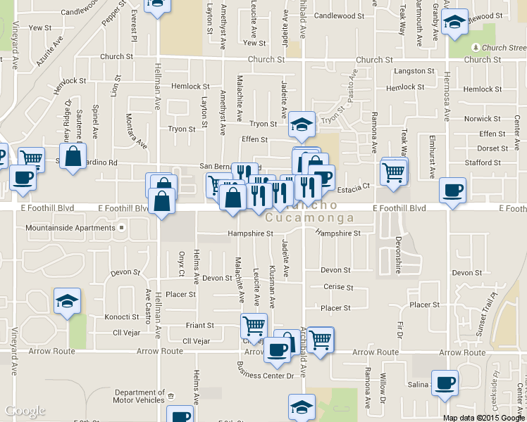 map of restaurants, bars, coffee shops, grocery stores, and more near 9606 East Foothill Boulevard in Rancho Cucamonga