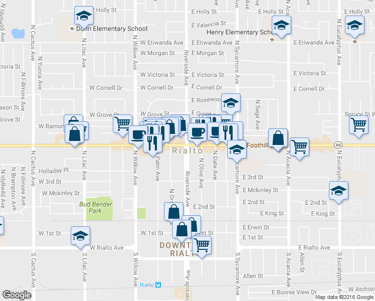 map of restaurants, bars, coffee shops, grocery stores, and more near in Rialto