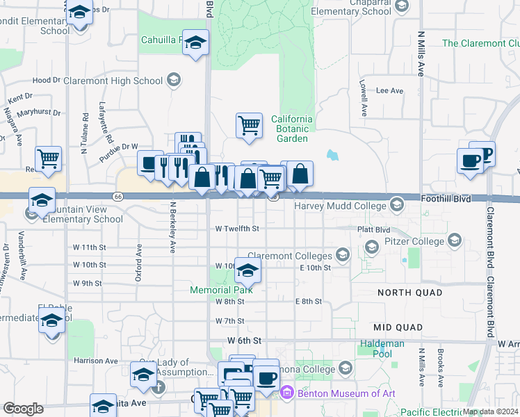 map of restaurants, bars, coffee shops, grocery stores, and more near 226 East Foothill Boulevard in Claremont