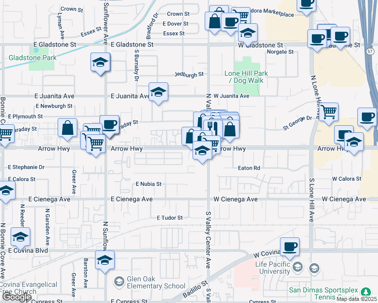 map of restaurants, bars, coffee shops, grocery stores, and more near 1157 East Arrow Highway in Glendora