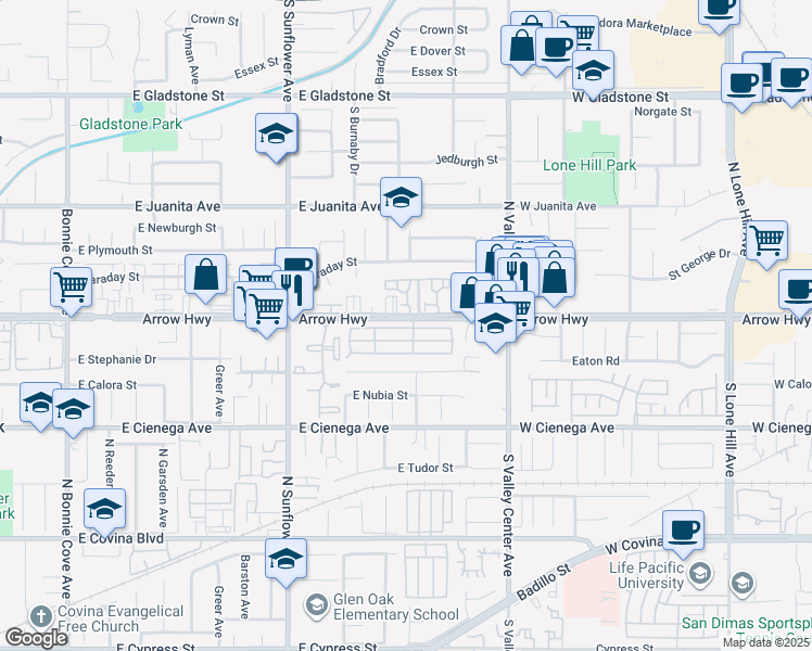 map of restaurants, bars, coffee shops, grocery stores, and more near 1103 Strawberry Lane in Glendora