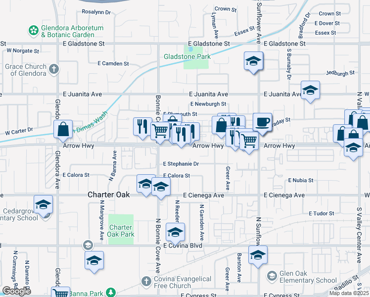map of restaurants, bars, coffee shops, grocery stores, and more near 531 East Arrow Highway in Glendora