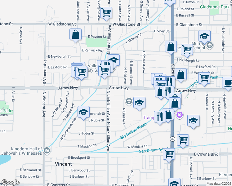 map of restaurants, bars, coffee shops, grocery stores, and more near 17042 East Arrow Highway in Covina