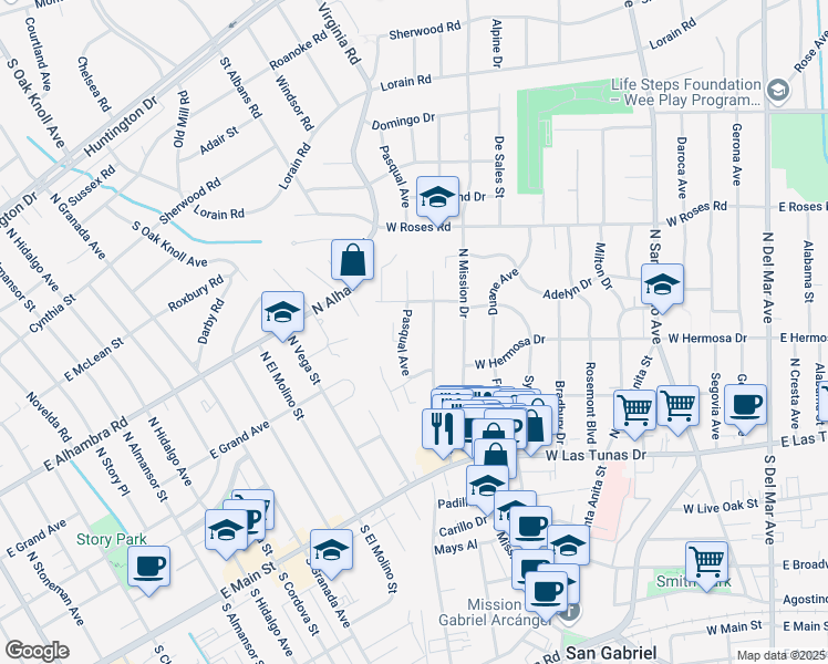 map of restaurants, bars, coffee shops, grocery stores, and more near 323 Bridge Street in San Gabriel