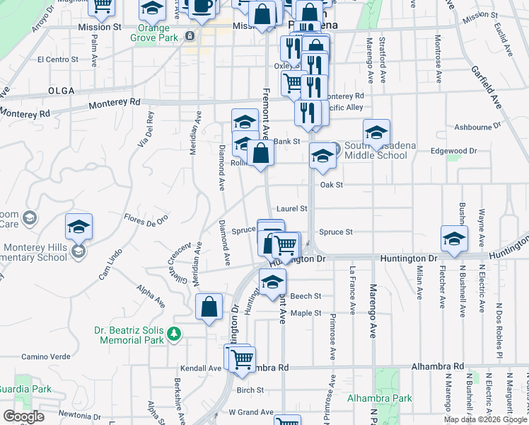 map of restaurants, bars, coffee shops, grocery stores, and more near 1623 Fremont Avenue in South Pasadena