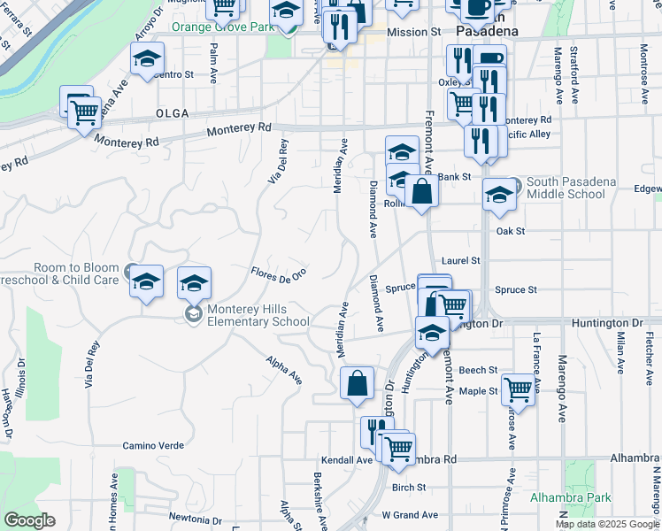 map of restaurants, bars, coffee shops, grocery stores, and more near 928 Braewood Court in South Pasadena