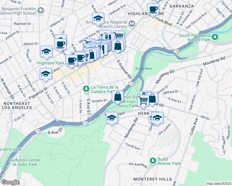 map of restaurants, bars, coffee shops, grocery stores, and more near 333 South Avenue 59 in Los Angeles