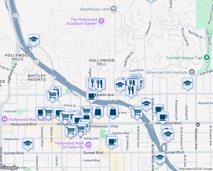 map of restaurants, bars, coffee shops, grocery stores, and more near 1963 Carmen Avenue in Los Angeles