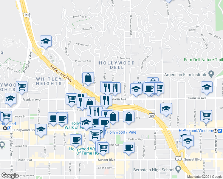 map of restaurants, bars, coffee shops, grocery stores, and more near 1957 Vista Del Mar Avenue in Los Angeles