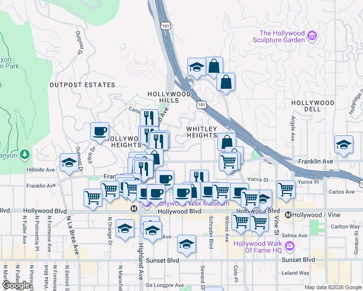 map of restaurants, bars, coffee shops, grocery stores, and more near 2073 Grace Avenue in Los Angeles