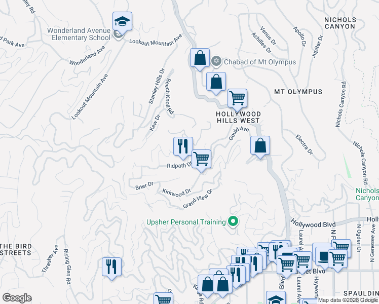 map of restaurants, bars, coffee shops, grocery stores, and more near 1930 Weepah Way in Los Angeles