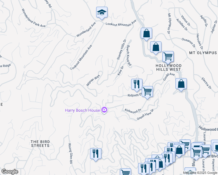 map of restaurants, bars, coffee shops, grocery stores, and more near 2012 Stanley Hills Drive in Los Angeles