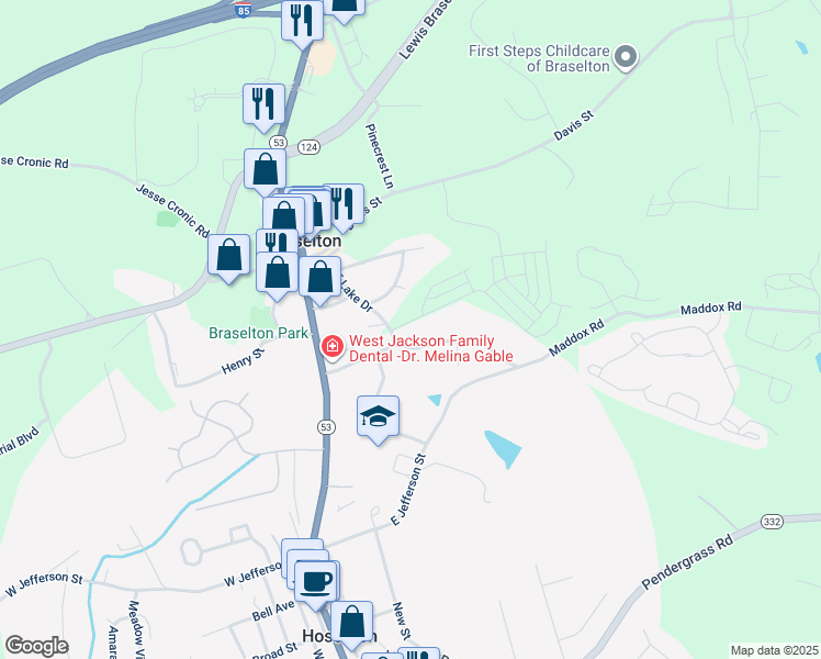 map of restaurants, bars, coffee shops, grocery stores, and more near 46 Golden Eagle Parkway in Hoschton