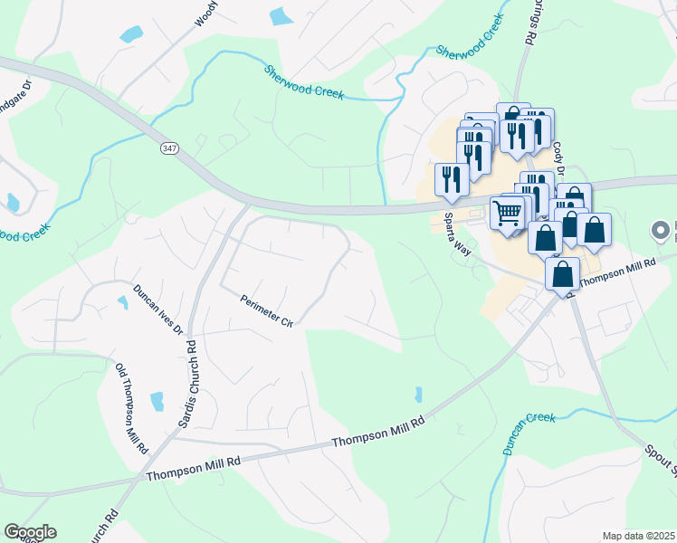 map of restaurants, bars, coffee shops, grocery stores, and more near 3174 Piney Woods Circle in Buford