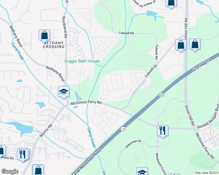 map of restaurants, bars, coffee shops, grocery stores, and more near 1306 Thornborough Drive in Alpharetta