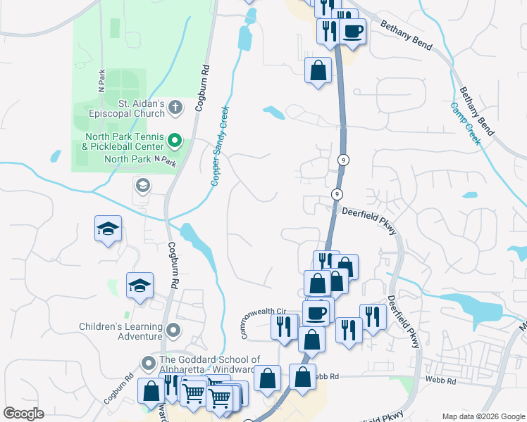 map of restaurants, bars, coffee shops, grocery stores, and more near 485 The Hermitage Drive in Alpharetta