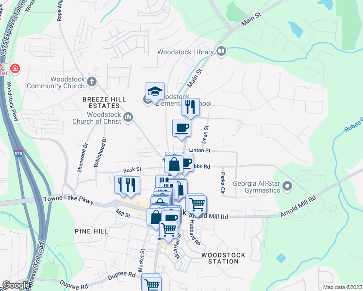 map of restaurants, bars, coffee shops, grocery stores, and more near 8165 Main Street in Woodstock