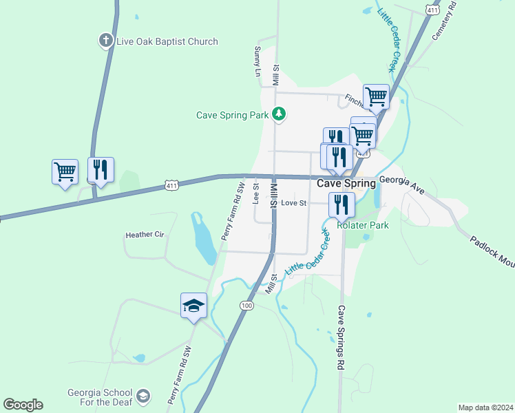 map of restaurants, bars, coffee shops, grocery stores, and more near 6 Lee Street in Cave Spring