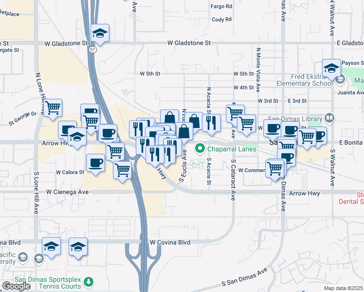 map of restaurants, bars, coffee shops, grocery stores, and more near 501 West Bonita Avenue in San Dimas