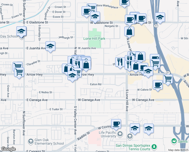 map of restaurants, bars, coffee shops, grocery stores, and more near 108 Abbey Court in San Dimas
