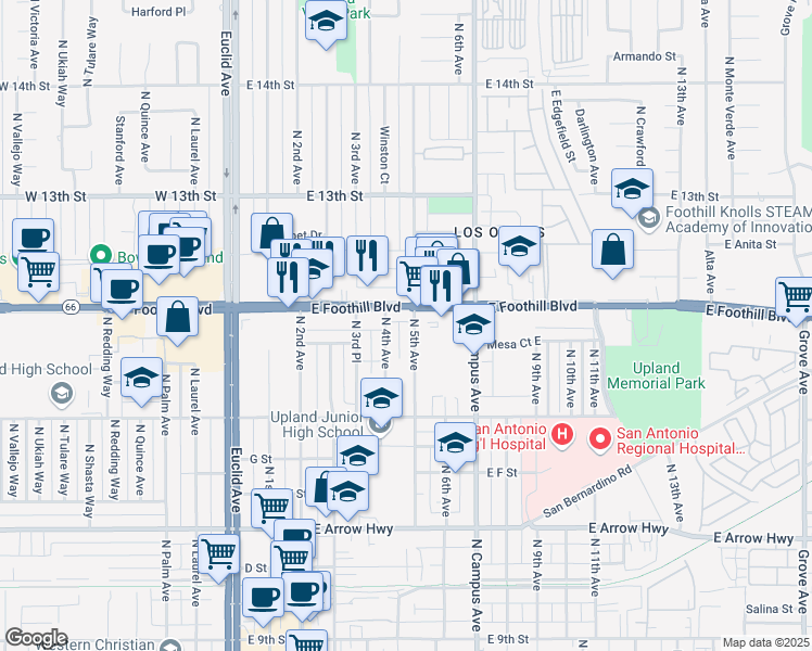 map of restaurants, bars, coffee shops, grocery stores, and more near 971 North 5th Avenue in Upland