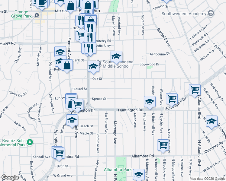map of restaurants, bars, coffee shops, grocery stores, and more near 1701 Marengo Avenue in South Pasadena