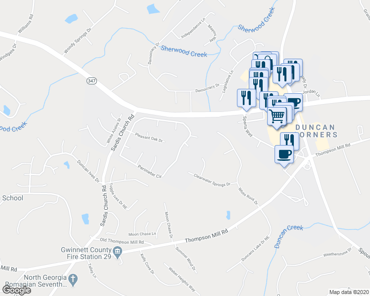 map of restaurants, bars, coffee shops, grocery stores, and more near 3174 Piney Woods Circle in Buford