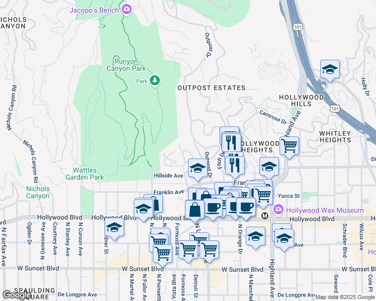 map of restaurants, bars, coffee shops, grocery stores, and more near La Brea Terrace in Los Angeles