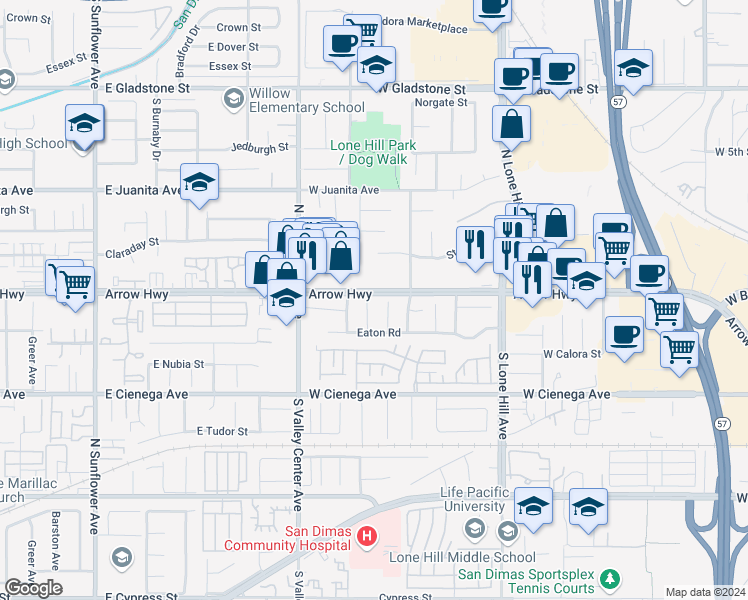 map of restaurants, bars, coffee shops, grocery stores, and more near 108 Abbey Court in San Dimas