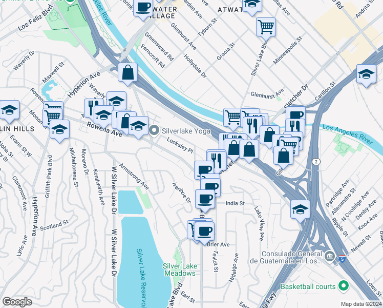 map of restaurants, bars, coffee shops, grocery stores, and more near 2654 Locksley Place in Los Angeles