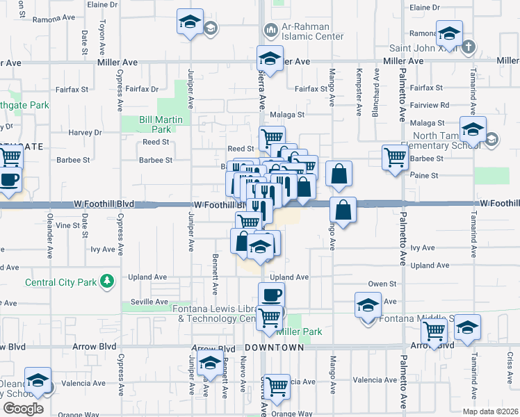 map of restaurants, bars, coffee shops, grocery stores, and more near Sierra Avenue in Fontana