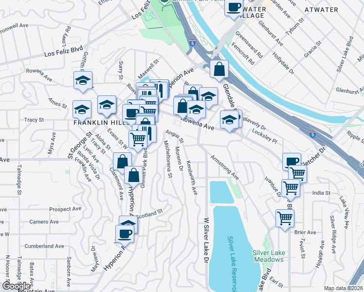 map of restaurants, bars, coffee shops, grocery stores, and more near 2858 Angus Street in Los Angeles