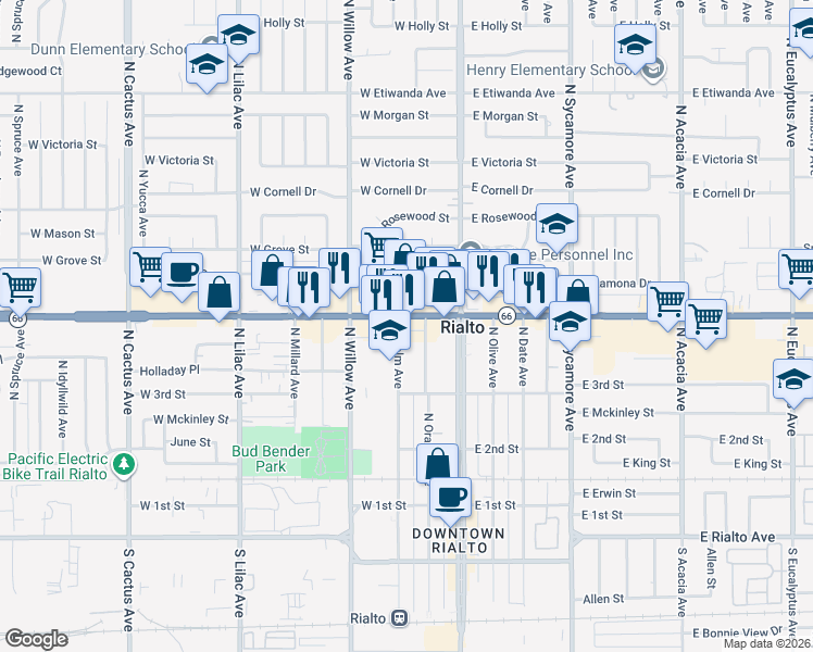 map of restaurants, bars, coffee shops, grocery stores, and more near 172 West Foothill Boulevard in Rialto