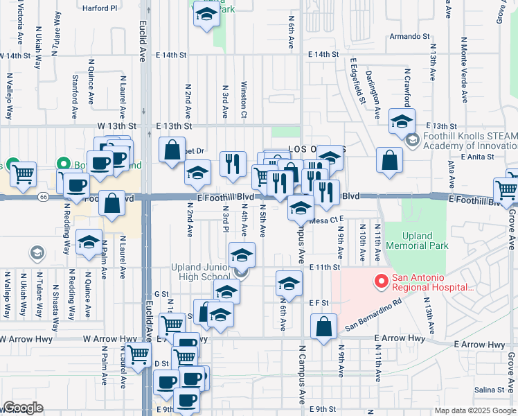 map of restaurants, bars, coffee shops, grocery stores, and more near 971 North 5th Avenue in Upland