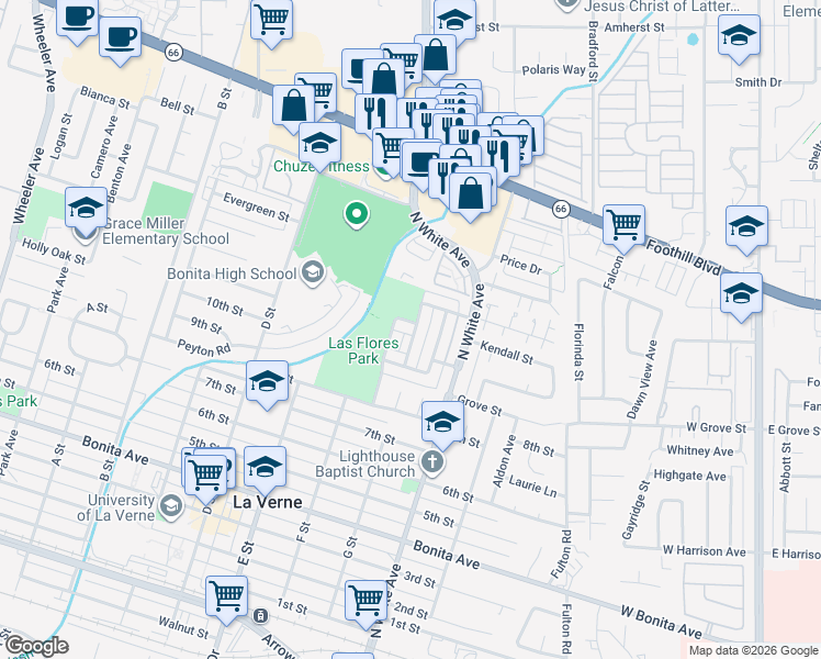 map of restaurants, bars, coffee shops, grocery stores, and more near 2376 Lomeli Lane in La Verne