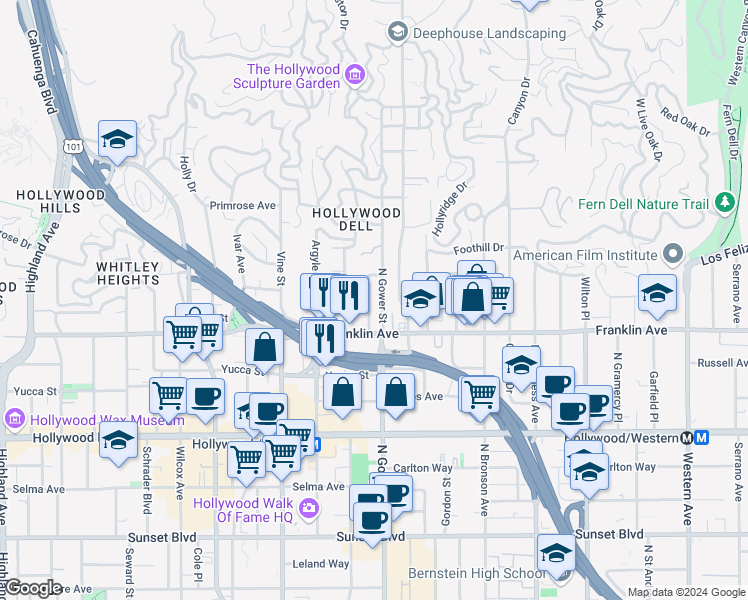 map of restaurants, bars, coffee shops, grocery stores, and more near 1940 Carmen Avenue in Los Angeles