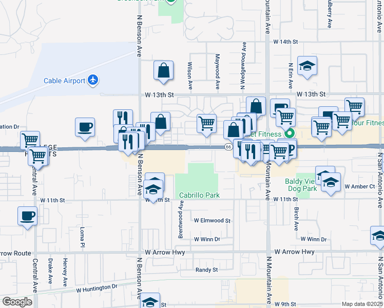 map of restaurants, bars, coffee shops, grocery stores, and more near 1430 West Foothill Boulevard in Upland