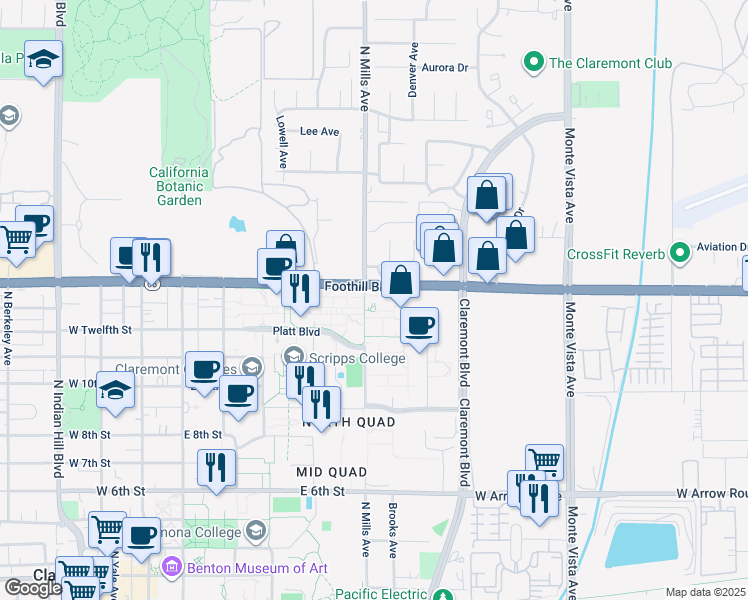 map of restaurants, bars, coffee shops, grocery stores, and more near in Claremont