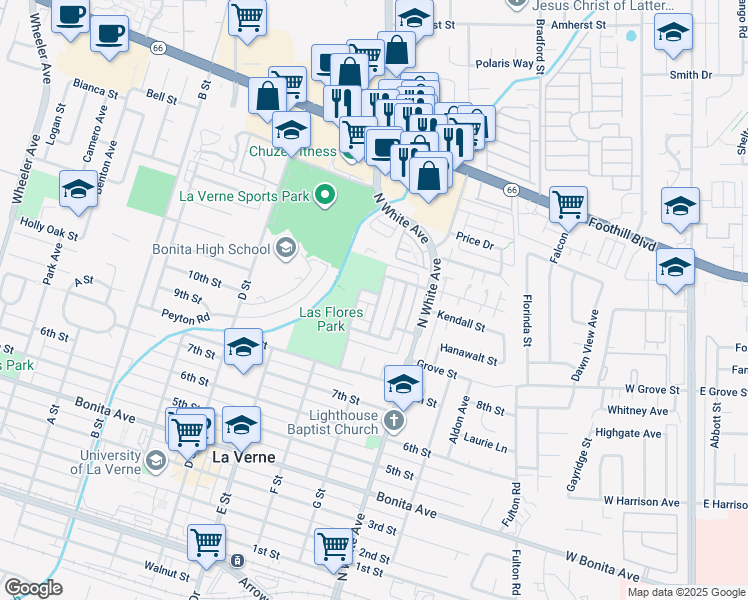 map of restaurants, bars, coffee shops, grocery stores, and more near 2376 Lomeli Lane in La Verne
