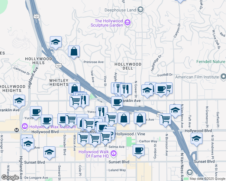 map of restaurants, bars, coffee shops, grocery stores, and more near 1939 Argyle Avenue in Los Angeles