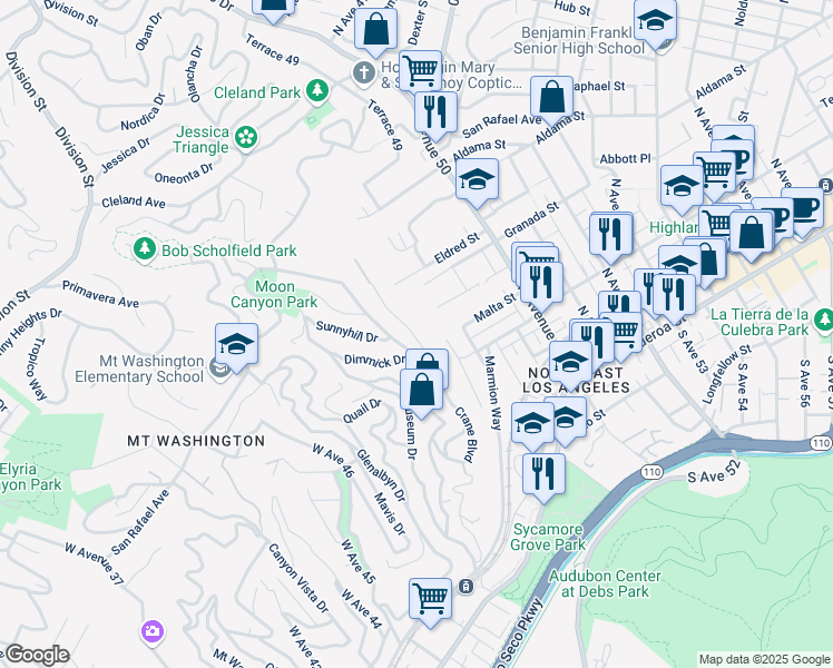 map of restaurants, bars, coffee shops, grocery stores, and more near 598 Cross Avenue in Los Angeles