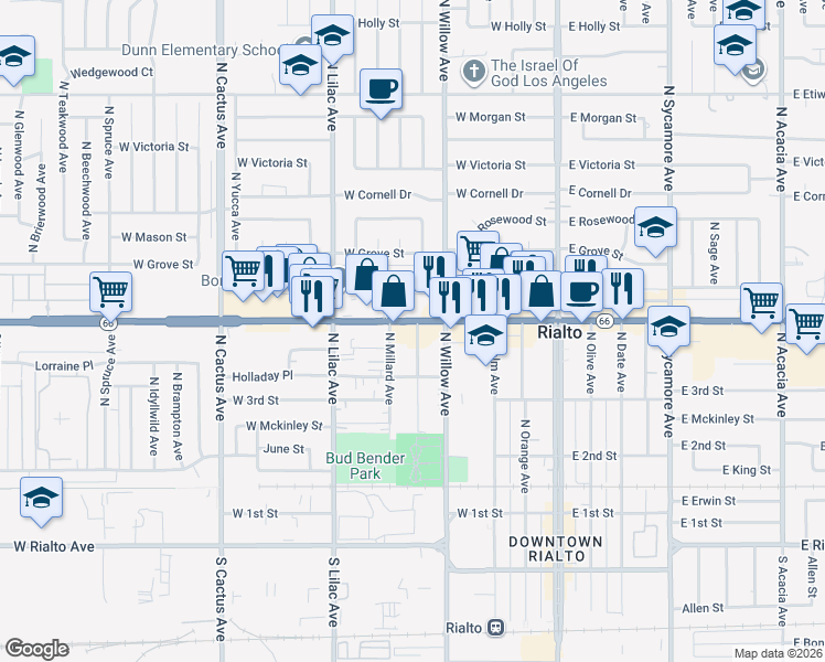 map of restaurants, bars, coffee shops, grocery stores, and more near 335 West Foothill Boulevard in Rialto