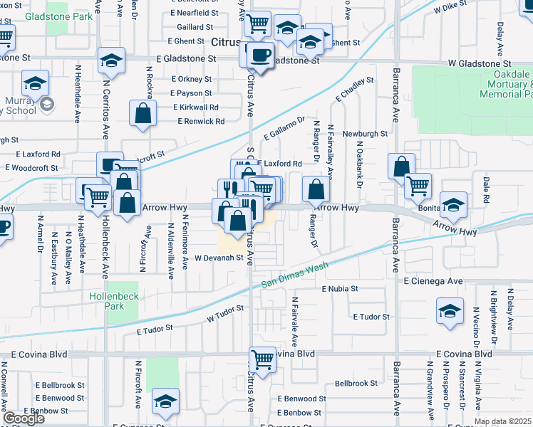 map of restaurants, bars, coffee shops, grocery stores, and more near 128 East Arrow Highway in Covina