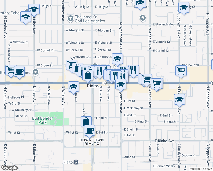 map of restaurants, bars, coffee shops, grocery stores, and more near 185 East Foothill Boulevard in Rialto