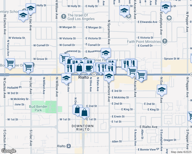 map of restaurants, bars, coffee shops, grocery stores, and more near 185 East Foothill Boulevard in Rialto
