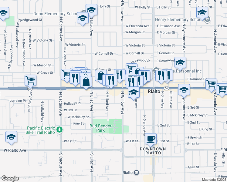 map of restaurants, bars, coffee shops, grocery stores, and more near 335 W Foothill Blvd in Rialto