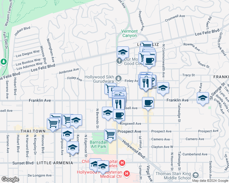 map of restaurants, bars, coffee shops, grocery stores, and more near 1935 North Vermont Avenue in Los Angeles