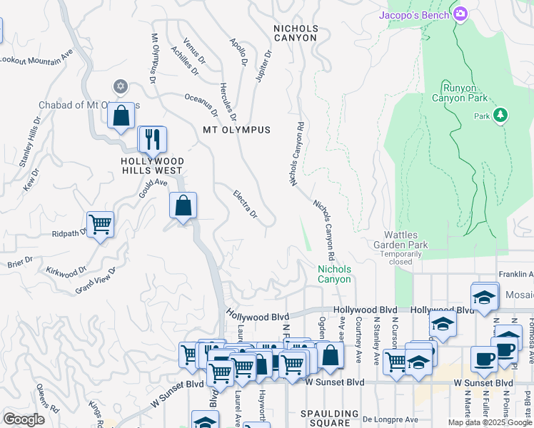 map of restaurants, bars, coffee shops, grocery stores, and more near 2033 Hercules Drive in Los Angeles