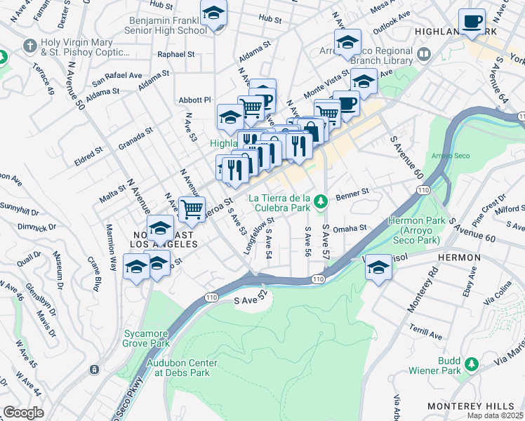 map of restaurants, bars, coffee shops, grocery stores, and more near 143 South Avenue 54 in Los Angeles
